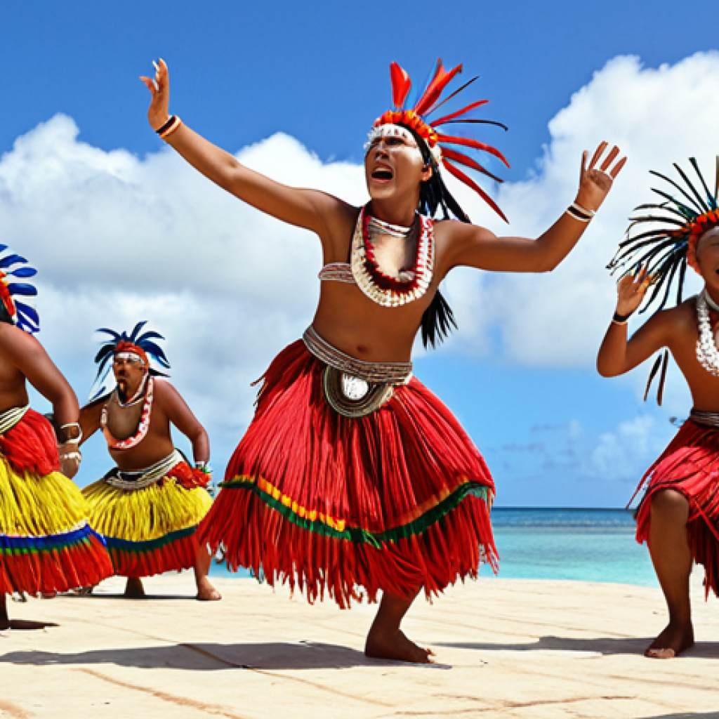 **Image:** Tuvaluan dancers performing the Fatele, with vibrant costumes and energetic movements, set against a backdrop of a traditional village and the ocean. Focus on the dynamism of the dance and the cultural pride.