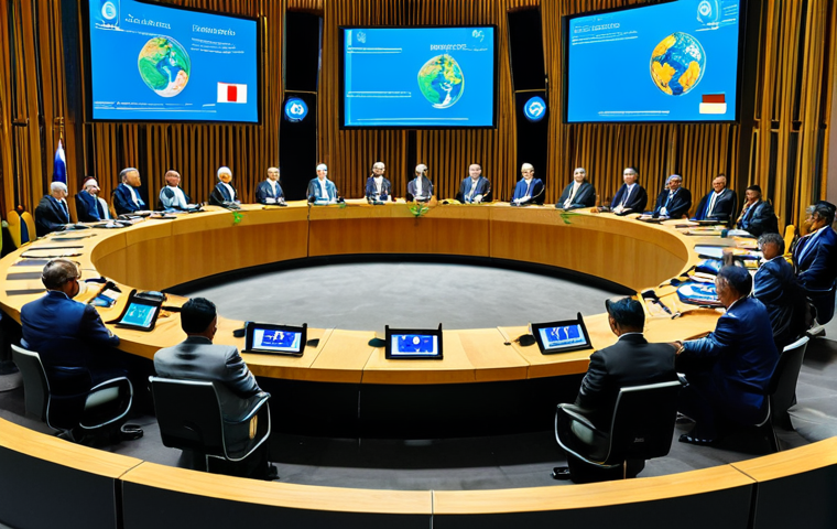 International Cooperation**

"A diverse group of world leaders, fully clothed in professional attire, gathered around a table during a UN climate summit. The Tuvaluan representative, dressed in modest traditional clothing, passionately addresses the assembly. Background shows flags of various nations and screens displaying climate data. Safe for work, appropriate content, fully clothed, professional, perfect anatomy, correct proportions, high quality, global cooperation, climate action."

**