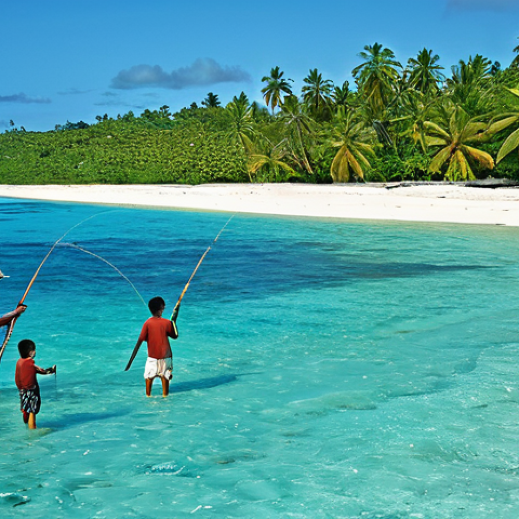 투발루와 주변 섬 비교 - "A serene tropical beach scene in Tuvalu, featuring fully clothed locals engaged in traditional fish...