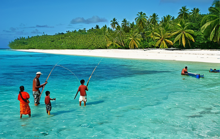 투발루와 주변 섬 비교 - "A serene tropical beach scene in Tuvalu, featuring fully clothed locals engaged in traditional fish...