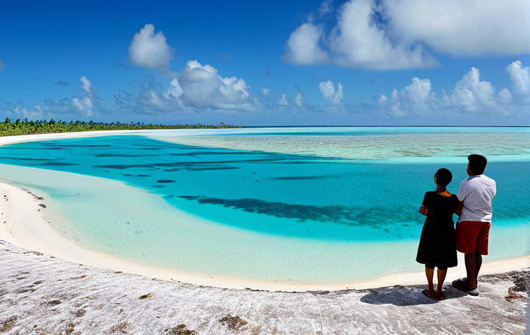 투발루와 주변 섬 비교 - "A serene tropical beach scene in Tuvalu, featuring fully clothed locals engaged in traditional fish...