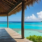 투발루 전통 가옥과 숙박 옵션 - **Prompt:** A serene scene featuring a traditional Tuvaluan high-stilt house built over a calm, turq...