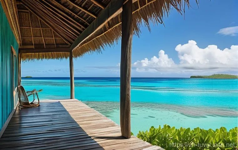 투발루 전통 가옥과 숙박 옵션 - **Prompt:** A serene scene featuring a traditional Tuvaluan high-stilt house built over a calm, turq...