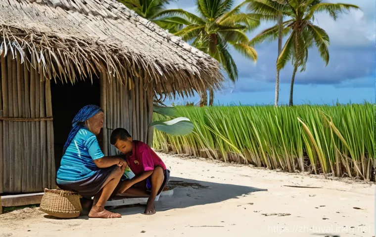 투발루 전통 가옥과 숙박 옵션 - **Prompt:** A serene scene featuring a traditional Tuvaluan high-stilt house built over a calm, turq...