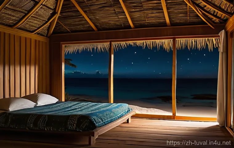 투발루 전통 가옥과 숙박 옵션 - **Prompt:** A heartwarming depiction of traditional village life in Tuvalu. A group of local islande...