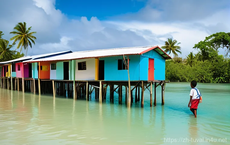 투발루의 교육 제도 - **Prompt 1: Resilient Tuvaluan Children Navigating Their Waterlogged School Path**
    A vibrant, ci...