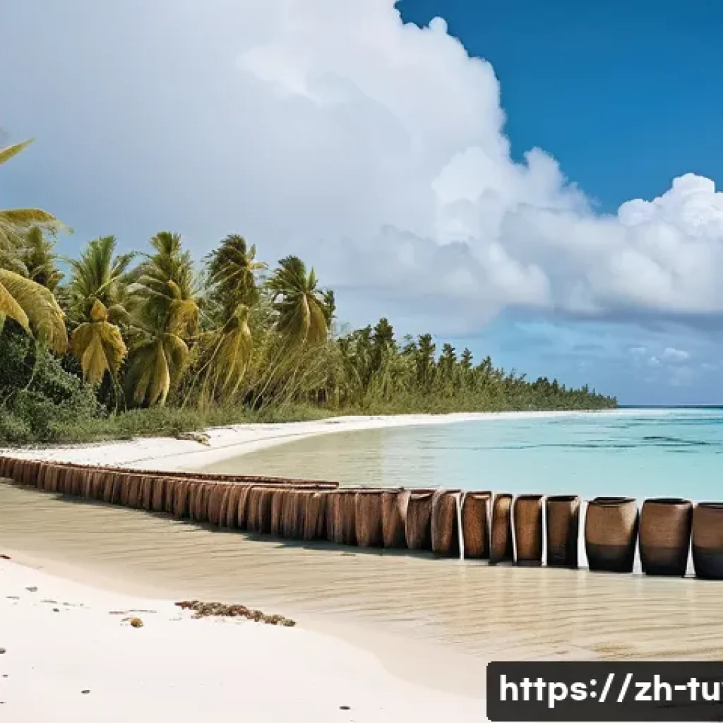 투발루와 세계 기후 회담 - A detailed coastal scene of Tuvalu island showing severe land erosion from rising sea levels, with l...