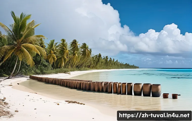 투발루와 세계 기후 회담 - A detailed coastal scene of Tuvalu island showing severe land erosion from rising sea levels, with l...