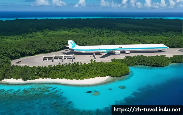 투발루의 공항과 항만 정보 - A vibrant aerial view of Tuvalu&rsquo;s small island airport during sunset, showcasing a single runway wit...