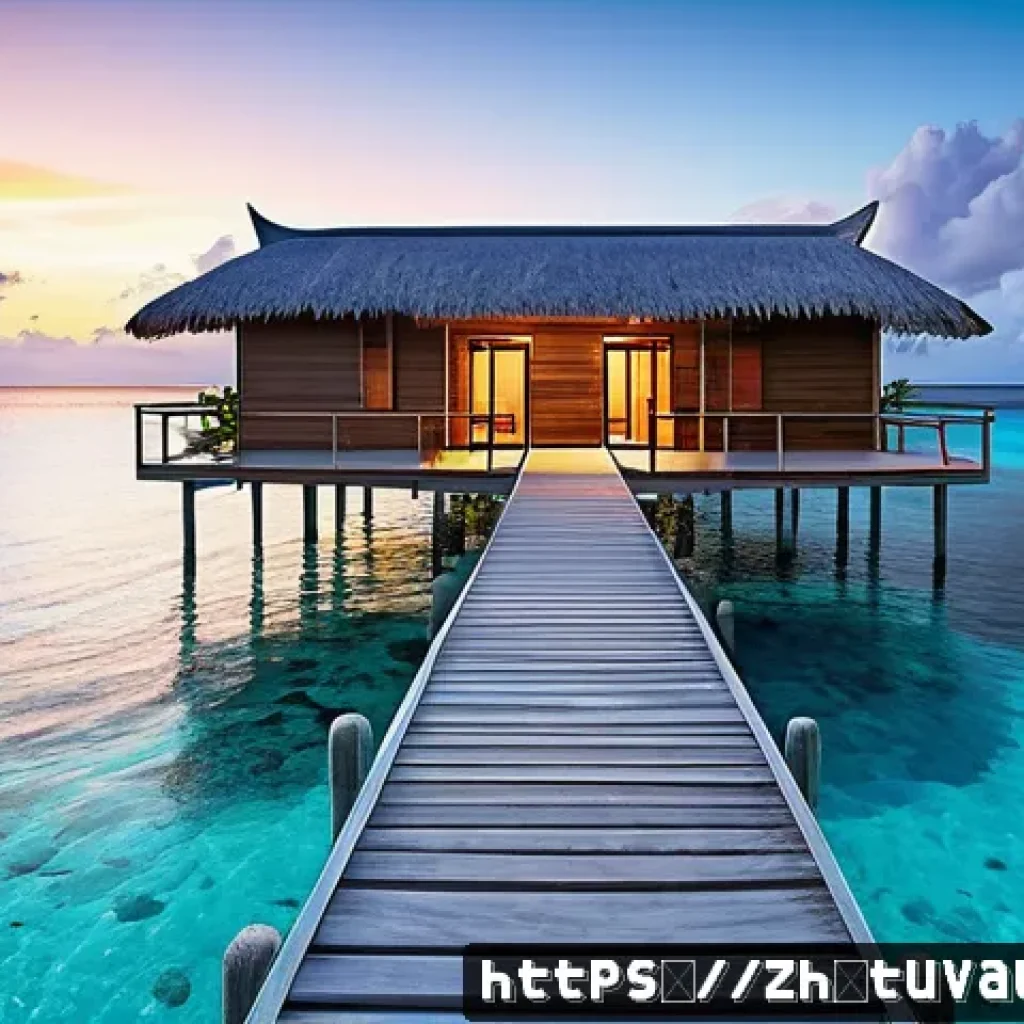투발루에서 숙박하기 - A serene overwater bungalow in Tuvalu at sunrise, featuring a wooden deck with tropical plants, a co...