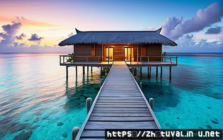 투발루에서 숙박하기 - A serene overwater bungalow in Tuvalu at sunrise, featuring a wooden deck with tropical plants, a co...