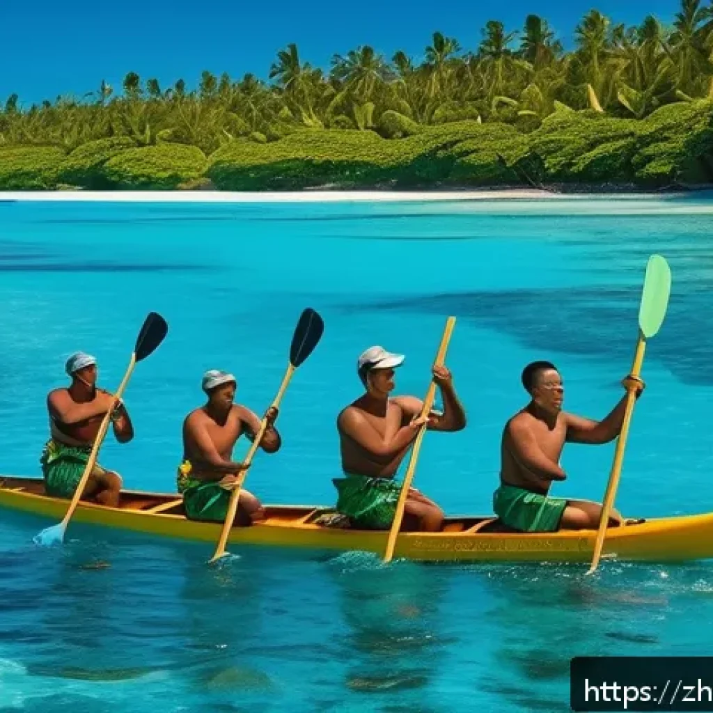 투발루의 전통 스포츠 - A vibrant traditional Tuvalu canoe race scene set on a bright sunny day, featuring agile male athlet...