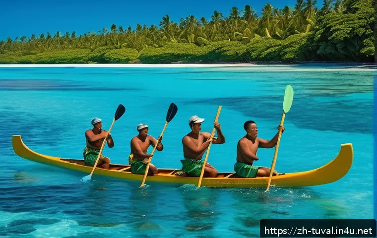 투발루의 전통 스포츠 - A vibrant traditional Tuvalu canoe race scene set on a bright sunny day, featuring agile male athlet...