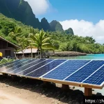 투발루의 국제 원조와 지원 - A vibrant Pacific island nation scene showing a small coastal community actively participating in a ...