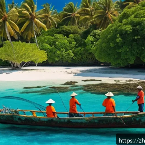투발루의 해양 생태계 보호 노력 - A vibrant coastal village scene in Tuvalu showcasing local fishermen wearing traditional clothing an...