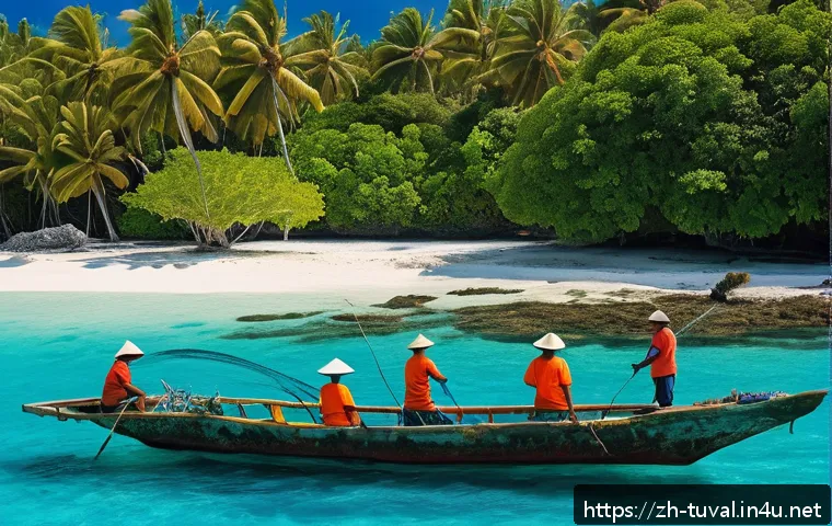 투발루의 해양 생태계 보호 노력 - A vibrant coastal village scene in Tuvalu showcasing local fishermen wearing traditional clothing an...
