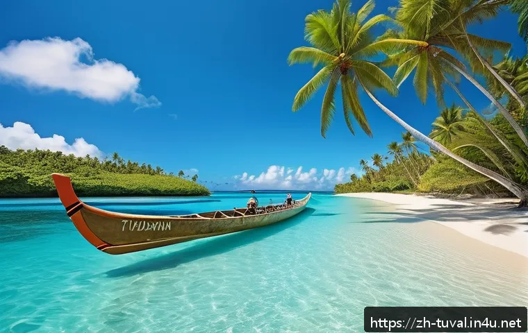 투발루의 교통수단 - A traditional Tuvaluan wooden outrigger canoe gliding smoothly over crystal-clear turquoise ocean wa...