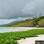 투발루와 기후난민 문제 - A detailed coastal scene of a low-lying Pacific island village facing severe erosion: sandy beaches ...