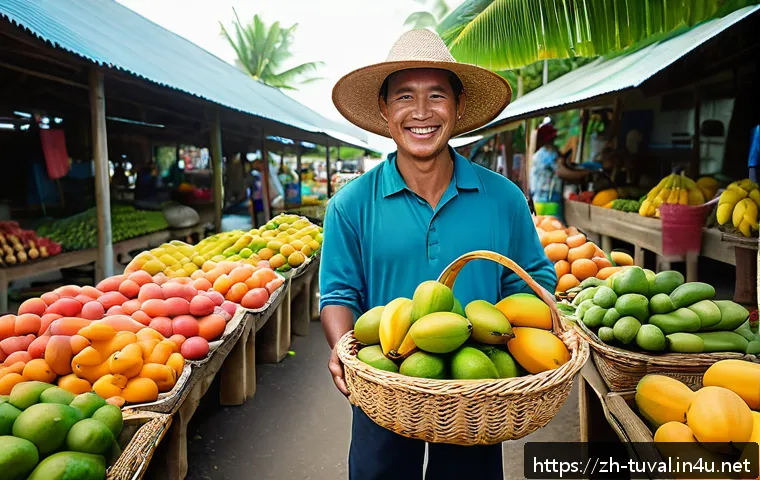 투발루에서 건강과 안전 유지 - A vibrant tropical market scene in Tuvalu showcasing a variety of fresh local produce including colo...
