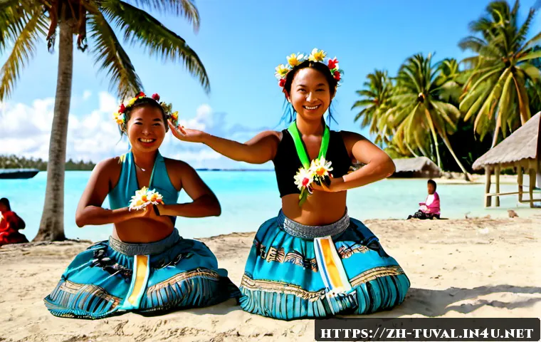 투발루의 부족 문화 행사 - Photorealistic Tuvalu cultural festival on a sunny Pacific island, local dancers in colorful woven s...