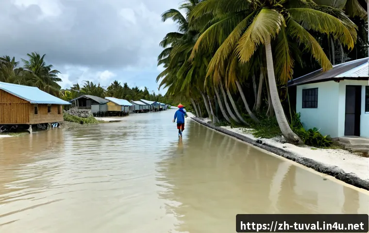 투발루에서 주의해야 할 사항 - Photorealistic coastal safety scene in Tuvalu, a calm traveler in lightweight modest clothing walkin...